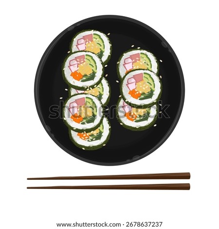 Vector Illustration Logo Clipart Top View Gamtae Gimbap or Gamtae Kimbap on a Plate