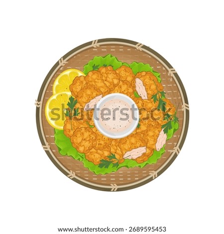 Vector Illustration Logo Clipart Top View Japanese Karaage Chicken with Lemon and Vegetables
