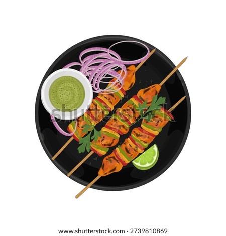 Vector Illustration logo Clipart Top View Chicken Tikka Kebabs