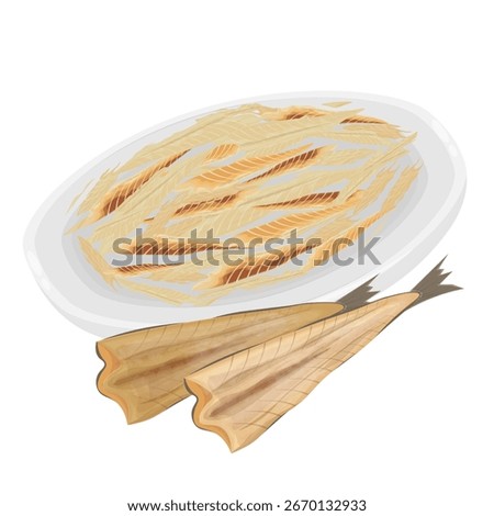 Vector Illustration Logo Clipart Whole and Shredded Dried Pollack Pollock Fish or Dried Fish 