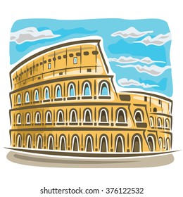 Vector illustration for logo Coliseum in Rome architecture, Italy on blue sky background with clouds. Roman arena for gladiatorial fights