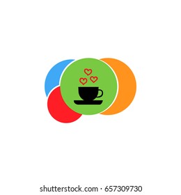 Vector illustration of a logo consisting of beige balls, green, red, orange, blue color arranged one after another with a black cup on a saucer with hearts on a circle isolated on a white background