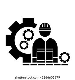 Vector illustration, logo, contractor, engineer badge and gear. Repair and maintenance. Industry. Isolated on a white background.