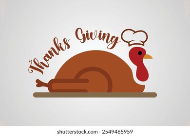 Eine Vektorgrafik und das Logo eines gekochten Thanksgiving-Truthahns, der einen Kochmütze trägt, perfekt für Designs zum Thema Essen, festliche Menüs und Thanksgiving-Branding-Projekte.