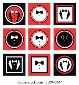  vector illustration Logo of dance event. Classic dress coat. Black, white, red color. Men style.