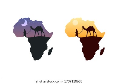 Vector illustration or logo of a desert in Africa, a caravan of camels and a man walking in the desert night and day.