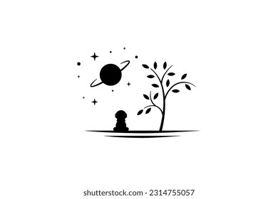 Vector illustration of a logo design of a boy wearing an astronaut suit looking into space while sitting under a tree