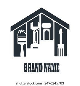 Vector illustration of logo design combination between the shape of the house and the collection of building structures, suitable for logos of architectural companies, housing developers, and civil en