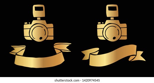 Vector Illustration Logo Design of Gold Camera Photography Icon in Set or Collection. Graphic Design for Shirt, Background, Template, Layout, Website, Mobile App and More.