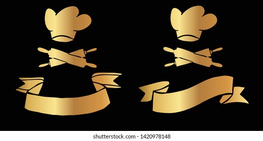 Vector Illustration Logo Design of Gold Baking Hat and Rolling Pin Icon in Set or Collection. Graphic Design for Shirt, Background, Template, Layout, Website, Mobile App and More.
