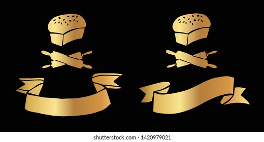 Vector Illustration Logo Design of Gold Bakery Bread and Rolling Pin Icon in Set or Collection. Graphic Design for Shirt, Background, Template, Layout, Website, Mobile App and More.
