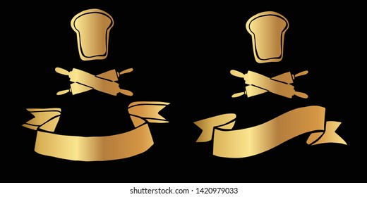 Vector Illustration Logo Design of Gold Bakery Bread and Rolling Pin Icon in Set or Collection. Graphic Design for Shirt, Background, Template, Layout, Website, Mobile App and More.