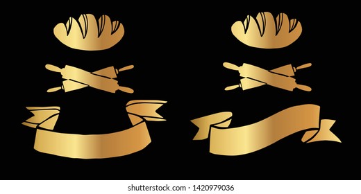Vector Illustration Logo Design of Gold Bakery Bread and Rolling Pin Icon in Set or Collection. Graphic Design for Shirt, Background, Template, Layout, Website, Mobile App and More.
