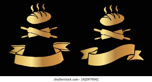 Vector Illustration Logo Design of Gold Bakery Bread and Rolling Pin Icon in Set or Collection. Graphic Design for Shirt, Background, Template, Layout, Website, Mobile App and More.