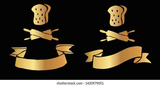 Vector Illustration Logo Design of Gold Bakery Bread and Rolling Pin Icon in Set or Collection. Graphic Design for Shirt, Background, Template, Layout, Website, Mobile App and More.