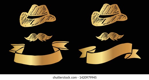 Vector Illustration Logo Design of Gold Man Hat and Mustache Icon in Set or Collection. Graphic Design for Shirt, Background, Template, Layout, Website, Mobile App and More.