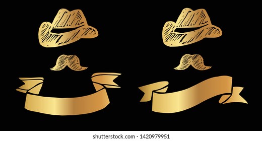 Vector Illustration Logo Design of Gold Man Hat and Mustache Icon in Set or Collection. Graphic Design for Shirt, Background, Template, Layout, Website, Mobile App and More.