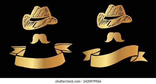 Vector Illustration Logo Design of Gold Man Hat and Mustache Icon in Set or Collection. Graphic Design for Shirt, Background, Template, Layout, Website, Mobile App and More.