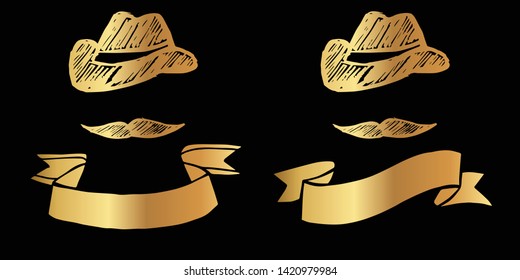 Vector Illustration Logo Design of Gold Man Hat and Mustache Icon in Set or Collection. Graphic Design for Shirt, Background, Template, Layout, Website, Mobile App and More.