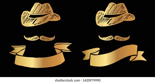 Vector Illustration Logo Design of Gold Man Hat and Mustache Icon in Set or Collection. Graphic Design for Shirt, Background, Template, Layout, Website, Mobile App and More.