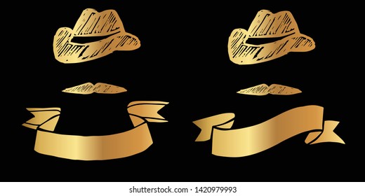 Vector Illustration Logo Design of Gold Man Hat and Mustache Icon in Set or Collection. Graphic Design for Shirt, Background, Template, Layout, Website, Mobile App and More.