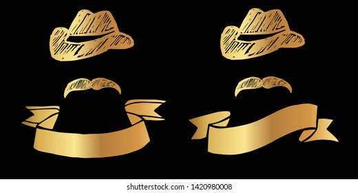 Vector Illustration Logo Design of Gold Man Hat and Mustache Icon in Set or Collection. Graphic Design for Shirt, Background, Template, Layout, Website, Mobile App and More.