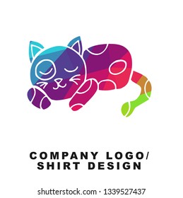 Vector Illustration Logo Design of Sleeping Cat Animal with Geometry Polygon Rainbow Color. Graphic Design for Shirt, Apparel, Template, Layout, Website, Mobile App and More. 