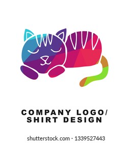 Vector Illustration Logo Design of Sleeping Cat Animal with Geometry Polygon Rainbow Color. Graphic Design for Shirt, Apparel, Template, Layout, Website, Mobile App and More. 