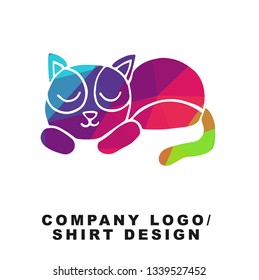Vector Illustration Logo Design of Sleeping Cat Animal with Geometry Polygon Rainbow Color. Graphic Design for Shirt, Apparel, Template, Layout, Website, Mobile App and More. 