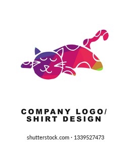 Vector Illustration Logo Design of Sleeping Cat Animal with Geometry Polygon Rainbow Color. Graphic Design for Shirt, Apparel, Template, Layout, Website, Mobile App and More. 