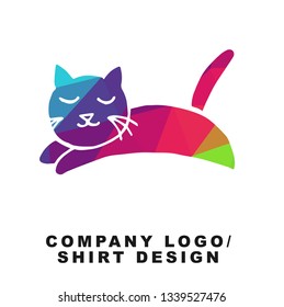 Vector Illustration Logo Design of Sleeping Cat Animal with Geometry Polygon Rainbow Color. Graphic Design for Shirt, Apparel, Template, Layout, Website, Mobile App and More. 