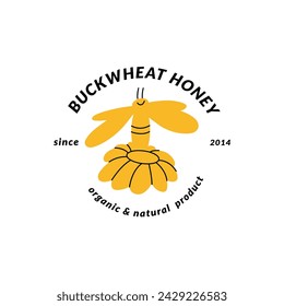Vektor-Illustration Logo und Design-Vorlage oder Abzeichen. Bio- und Öko-Honig-Label mit Bienen. Linearer Stil