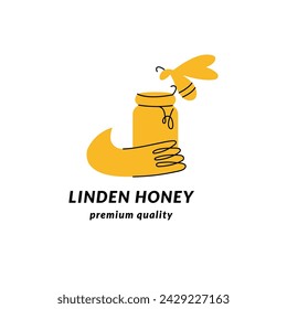 Logo de ilustración vectorial y plantilla de diseño o insignia. Etiqueta de miel ecológica y ecológica con abejas. Estilo lineal
