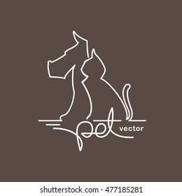 Vector Illustration: Logo design template for pet shop, veterinary clinic. Line style. Cat and dog with line hand lettering isolated on dark background.