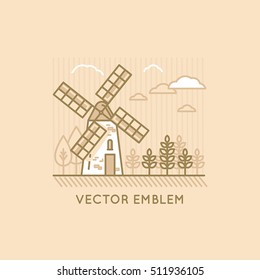Vector illustration and logo design template in modern flat linear style - wind mill - bakery emblem - agriculture landscape 