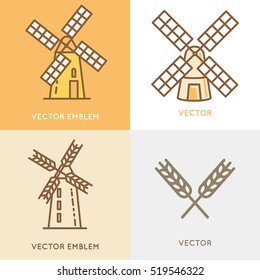 Vector illustration and logo design template in modern flat linear style - wind mill - bakery emblem - agriculture landscape 