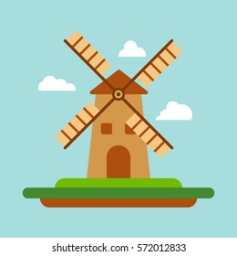 Vector illustration and logo design template in modern flat linear style - wind mill. Isolated eps illustration. Used for logotype, label, badges, poster, web, icon.