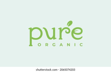 vector illustration logo design for typography, logotype pure organic with creative leaf graphic on the letter r and e.