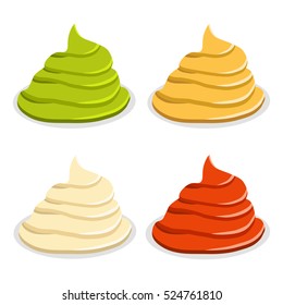 Vector illustration of logo for dip ceramic bowl is filled with various homemade gravy sauce, dressing tomato ketchup, spicy sauces, creamy mustard, Bowl mayonnaise. Sauce in bowls with seasoning.