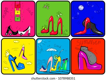 Vector illustration of a logo drawing of six colored squares with high-heeled shoes and a detail of a summer holiday