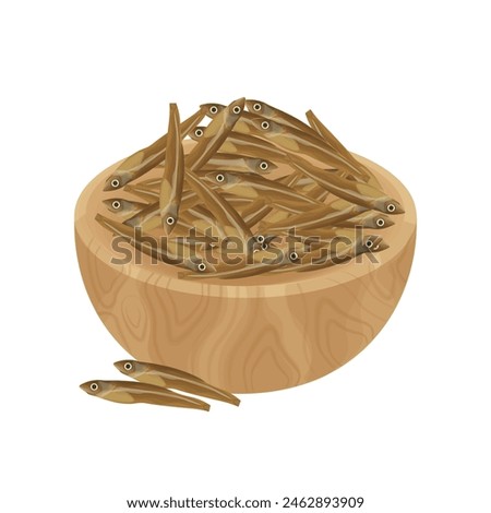 Vector illustration Logo of a Dried Anchovy on a wooden bowl