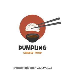 Vector illustration logo dumpling dim sum jaozi ready to eat with chopsticks and sauce