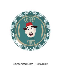 Vector illustration of logo element with floral circle pattern and turkish barista with a fez on. Coffee Shop design element or template. Coffee shop logo.  