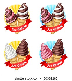 Vector Illustration Of Logo, Emblem Or Label Soft Ice Cream In A Waffle Cone With A Red Ribbon On A White Background