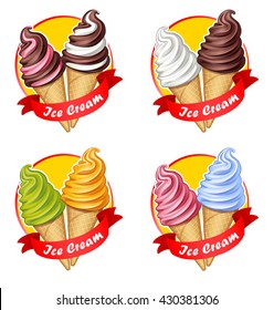 vector illustration of logo, emblem or label soft ice cream in a waffle cone with a red ribbon on a white background