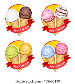 vector illustration of logo, emblem or label ice cream in a waffle cone with a red ribbon on a white background