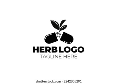 A vector illustration of a logo featuring a capsule pill with a leaf design, representing herbal medicine.