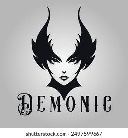 A vector illustration and logo featuring a demonic woman's (succubus') silhouette in black, grinning in an evil manner. Ideal for dark, gothic, and fantasy-themed designs, events like Halloween too.