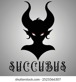 Uma ilustração vetorial e logotipo com a silhueta de uma mulher demoníaca (succubus) em preto, estrelando de uma maneira maligna. Ideal para projetos escuros, góticos e de fantasia, eventos como Halloween também.