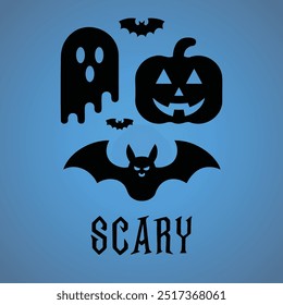 Una Ilustración vectorial y logo con una mezcla de criaturas: murciélagos, una calabaza aterradora (jack-o'-lantern) y un fantasma. Perfecto para diseños temáticos de Halloween, imágenes espeluznantes y gráficos misteriosos.